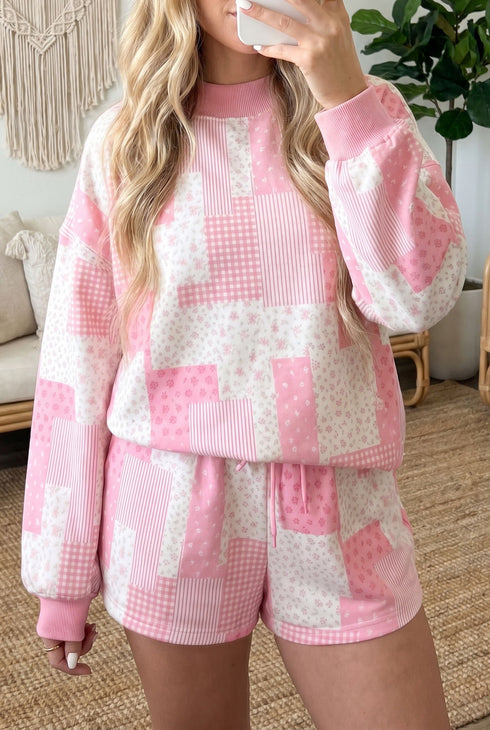 Patchwork Floral Print Drop Shoulder Baggy Pullover Drawstring Short Set