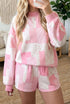 Patchwork Floral Print Drop Shoulder Baggy Pullover Drawstring Short Set
