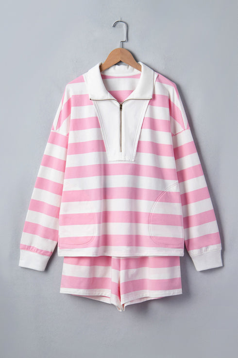 Striped Patchwork Zipper Pullover Elastic Waist Shorts Two Piece Short Set