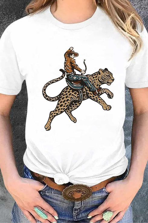 Cowboy Riding Cheetah Graphic Round Neck Tee