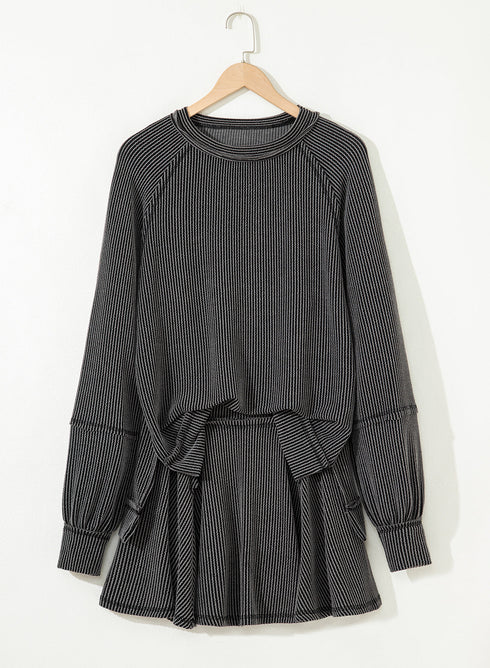 Corded Lantern Sleeve Ruffled Skort Two Piece Dress