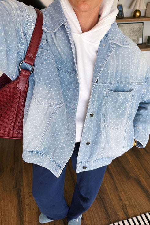 Polka Dot Long Sleeve Collar Pocket Shift Silhouette Denim Jacket