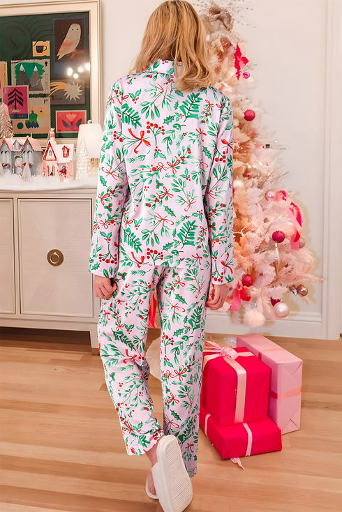 Christmas Berries Plant Print Satin Wide Leg Sleepwear Set