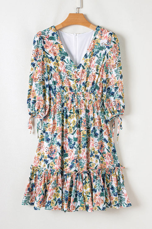 Magnolia Blossoms Ruffled V-Neck Dress