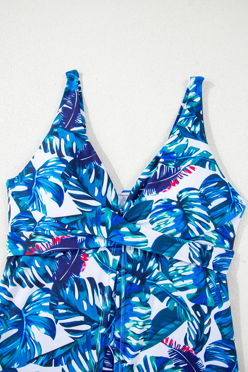 Twist Front Empire Waist Tropical Print Tankini Top