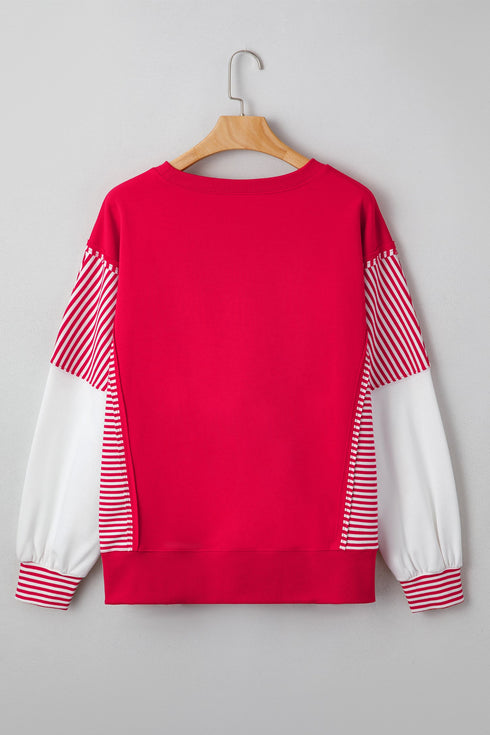 Sequin Rugby Bow Striped Sleeve Patchwork Graphic Sweatshirt