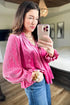 Velvet V Neck Ruffled Cuff Hem Long Sleeve Top