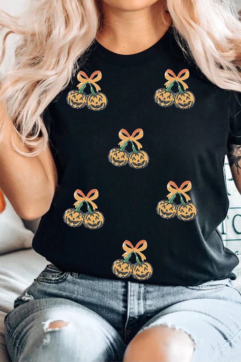Sequin Pumpkin Cherry Graphic Round Neck Tee