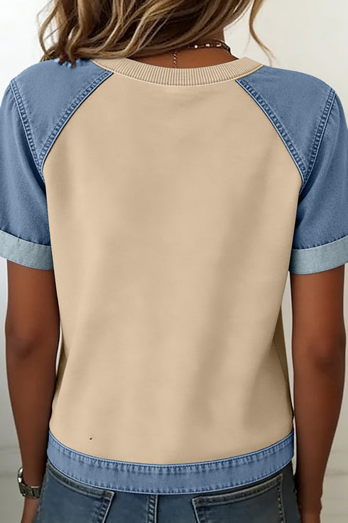 Denim Style Panel Block Patchwork Round Neck Tee
