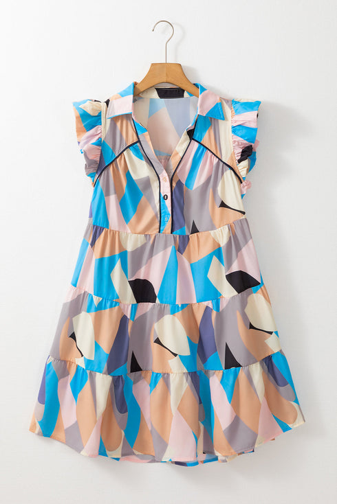 Abstract Geometric Print Flutter Sleeve Collared Tiered Dress
