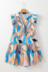 Abstract Geometric Print Flutter Sleeve Collared Tiered Dress