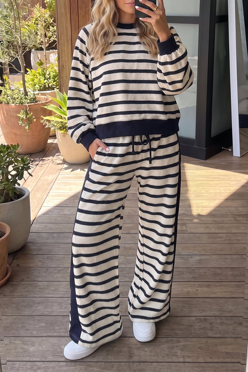 Striped Relaxed Long Sleeve Top Drawstring Pant Set