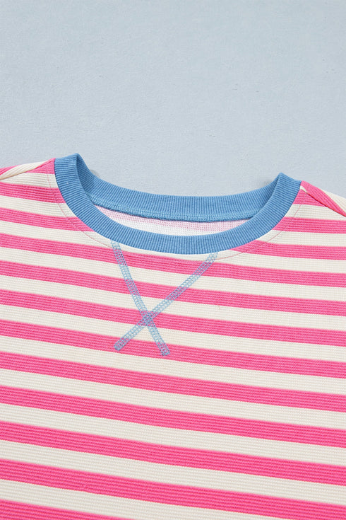 Stripe Print Contrast Patchwork Short Sleeve Loose Tee