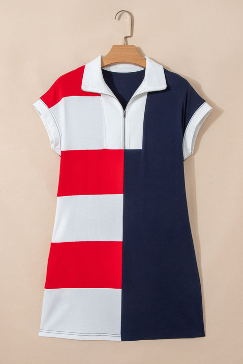 Americana Striped Zip Up Collared T Shirt Mini Dress
