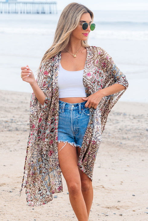 Bohemian Mixed Print Open Front Draped Kimono
