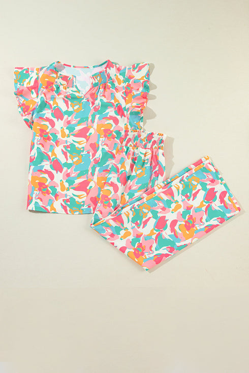 Abstract Print Ruffle Sleeve Smocked Wide Leg Pant Sets