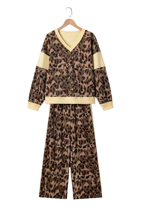 Leopard Print Long Sleeve V Neck Wide Leg Pant Set