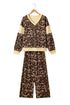 Leopard Print Long Sleeve V Neck Wide Leg Pant Set