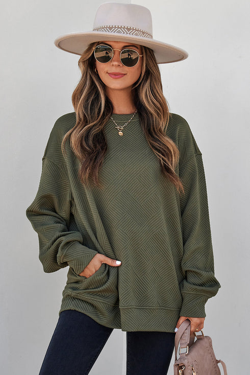 Textured Round Neck Drop Shoulder Pullover Sweatshirt