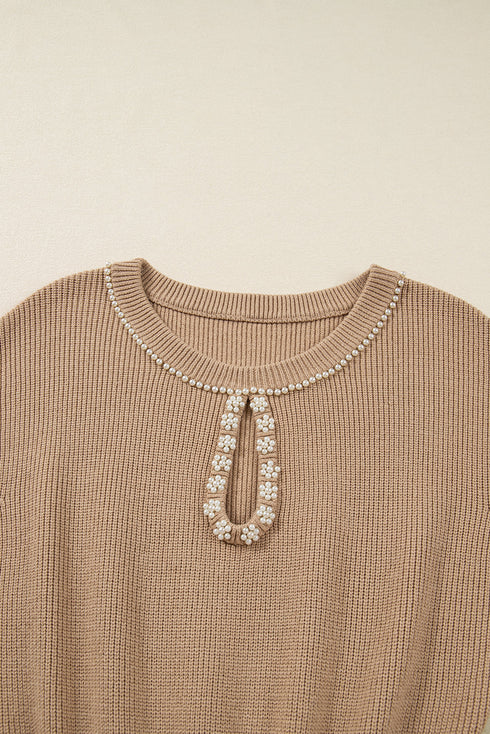 Pearl Embellished Keyhole Blouson Knit Sweater Dress