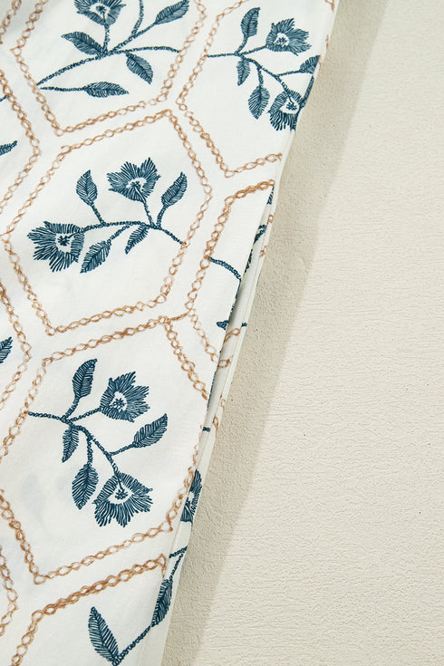 Geometric Floral Print Lace Trim Collared Short Sleeve Mini Dress