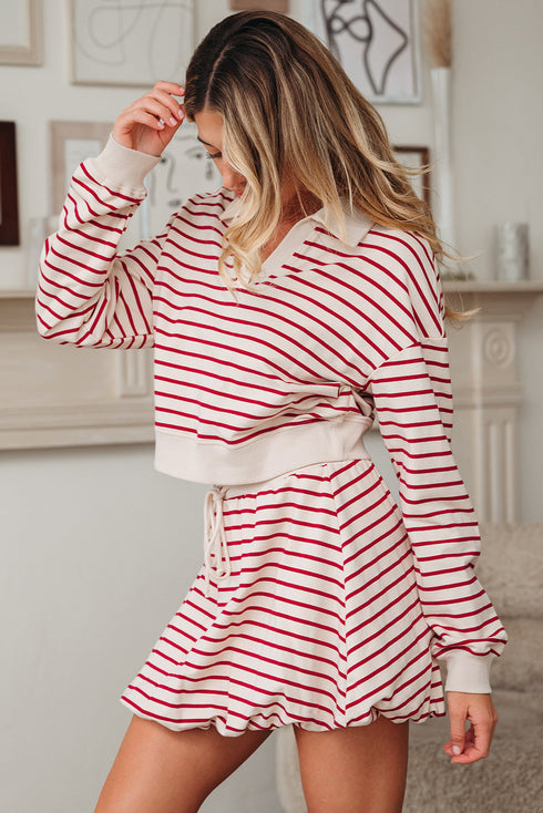 Stripe Cropped Collared Pullover Bubble Skirt Two Piece Dress