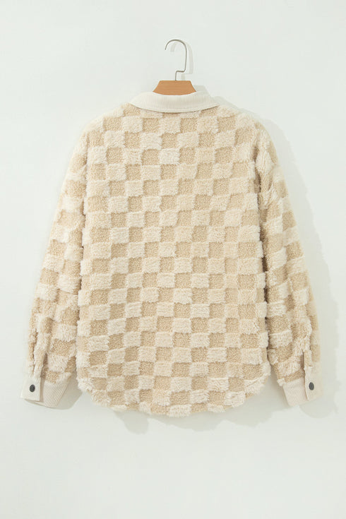 Checkered Corduroy Trim Metal Button Sherpa Jacket