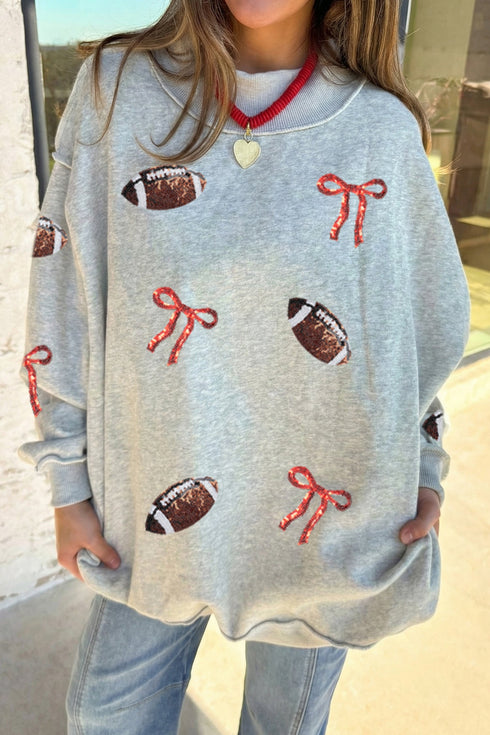 Sequin Rugby Bow Graphic Mock Neck Relaxed Sweatshirt