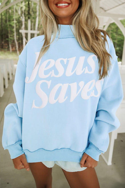 Jesus Saves Slogan Print Mock Neck Baggy Sweatshirt
