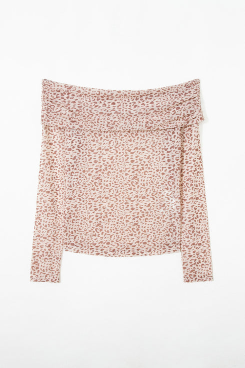 Leopard Print Foldover Off Shoulder Sheer Long Sleeve Mesh Top