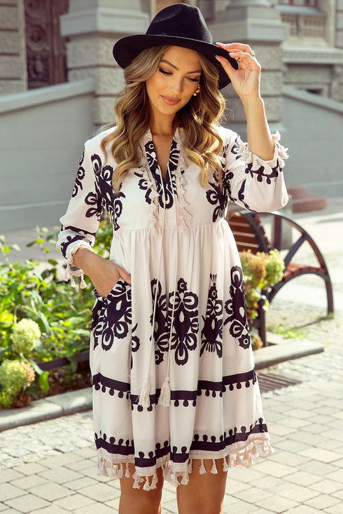 Abstract Print Fringe Tassel Bohemian Western Mini Dress