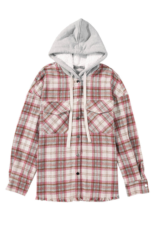 Distressed Plaid Flap Pocket Hooded Raw Hem Shacket