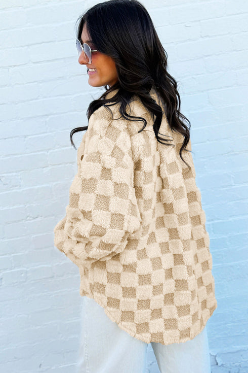 Checkered Corduroy Trim Metal Button Sherpa Jacket