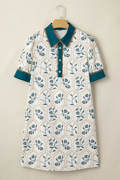 Geometric Floral Print Lace Trim Collared Short Sleeve Mini Dress