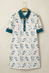 Geometric Floral Print Lace Trim Collared Short Sleeve Mini Dress