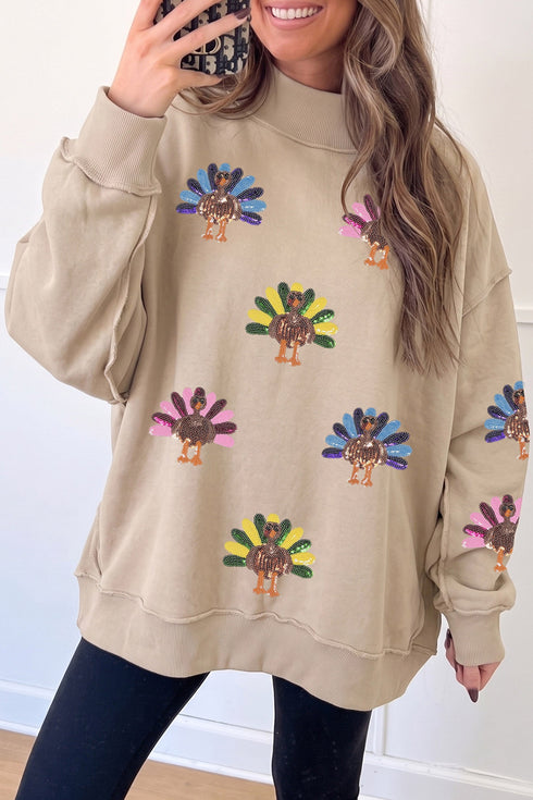 Mock Neck Sequined Turkey Exposed Seam Graphic Sweatshirt