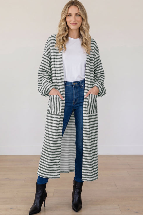Striped Puff Sleeve Open Front Oversized Longline Cardigan