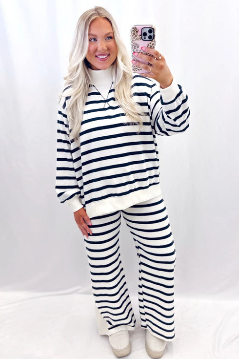 Striped Ribbed Cuff Collar Pocket Loose Pant Set