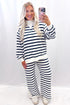 Striped Ribbed Cuff Collar Pocket Loose Pant Set