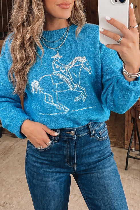 Acrylic Western Embroidery Drop Shoulder Pullover Sweater