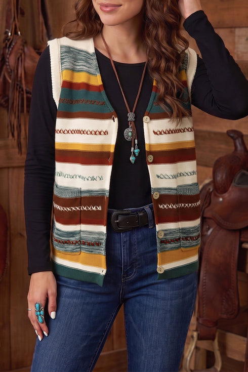 Striped Button Front Sleeveless Knit Regular Fit Sweater Vest