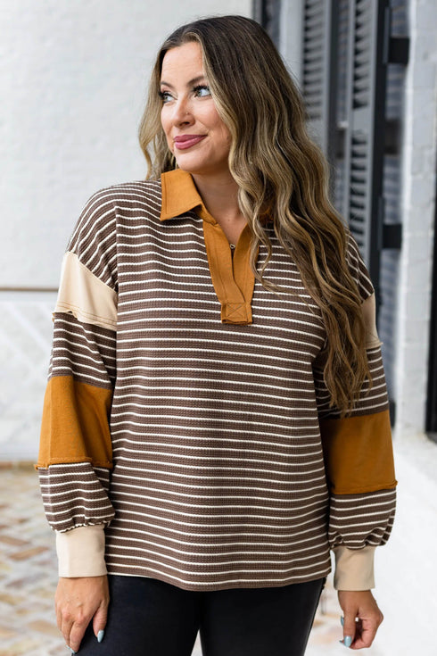 Striped Collar V Neck Long Sleeve Top