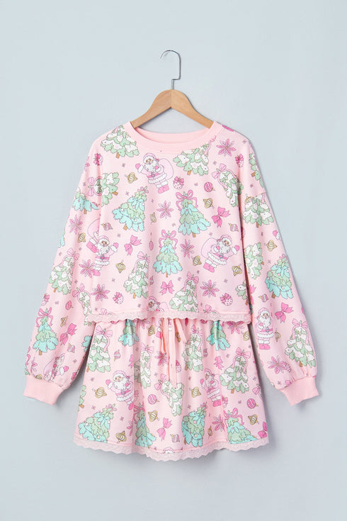 Floral Print Lace Trim Long Sleeve Skirt Dress Set