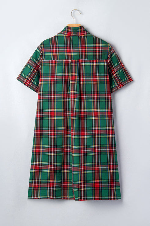 Plaid Button Front Short Sleeve Shift Mini Dress