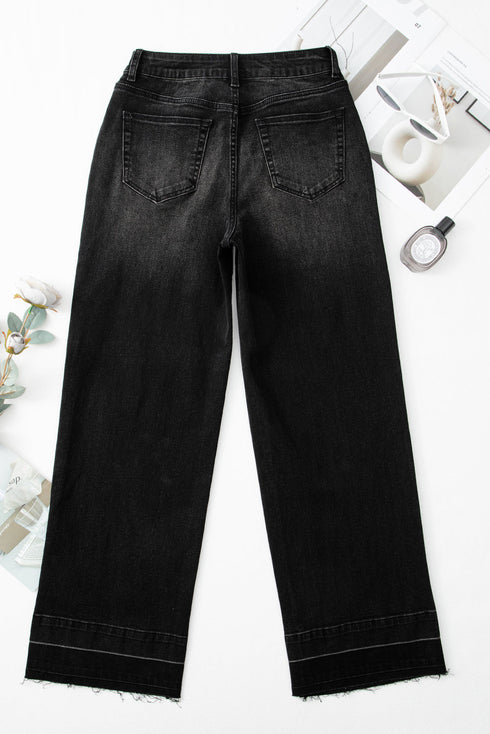 High Rise Straight Loose Raw Hem Cuffed Jeans