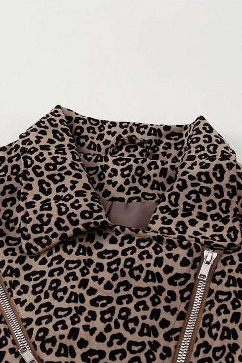 All Over Leopard Print Zipped Notch Collar Short Jacket