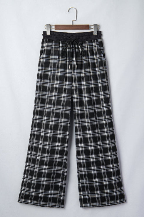 Frenchy Plaid Pattern Drawstring Waist Wide Leg Pants