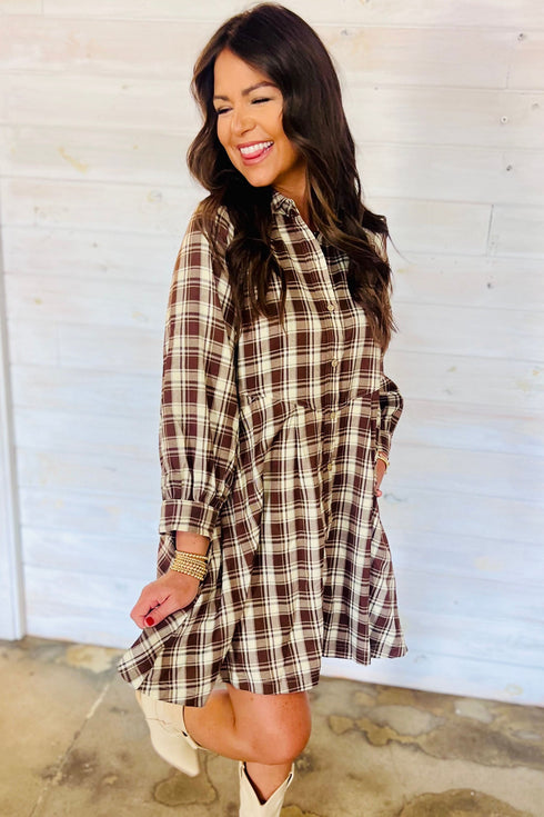 Plaid Long Sleeve Short Shift Mini Dress
