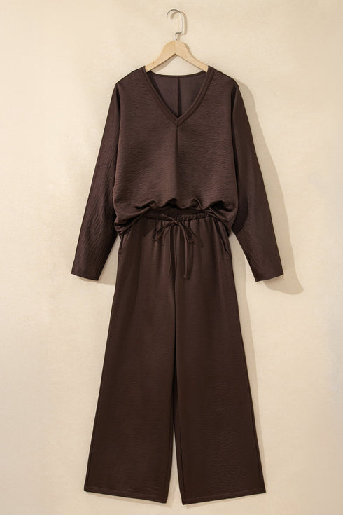 Braided V Neck Long Sleeve Wide Leg Pant Set