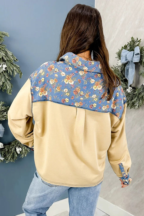 Romantic Floral Denim Collar Patchwork V Neck Top